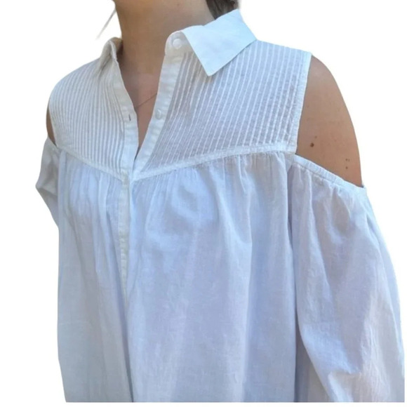 ANTHROPOLOGIE Eri+Ali Pintuck Open Shoulder Button Down White Blouse size medium - Picture 1 of 9